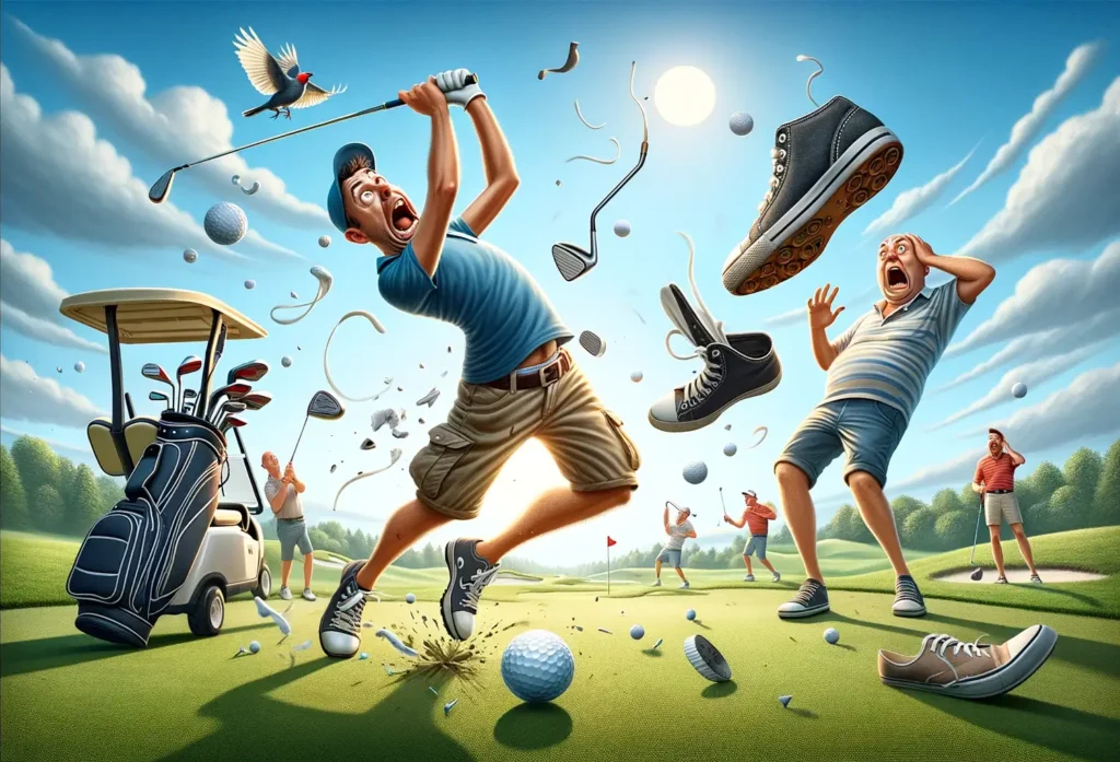 Vtipný obrázek na téma golfových vtipů, tentokrát s nadšeným golfistou, který nechtěně vypustil do vzduchu nejen golfový míček, ale také svou botu a hodinky. Jeho výraz plný šoku a překvapení, společně s reakcí jeho spoluhráčů, přidává na komickém efektu situace.