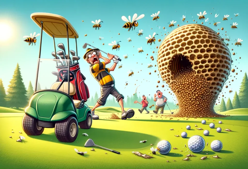 Obrázek, který vtipně zachycuje esenci golfových žertů, tentokrát s golfistou, který omylem trefil úl místo golf míčku. Jeho zběsilý úprk před rozzlobenými včelami, s golfovými holemi vylétávajícími z tašky, dodává situaci komický rozměr. Ostatní golfisté v bezpečné vzdálenosti se smějí a ukazují na dění, což dodává scéně ještě větší humor.