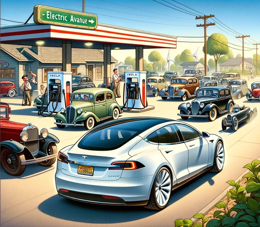 Tesla model S u benzínové pumpy