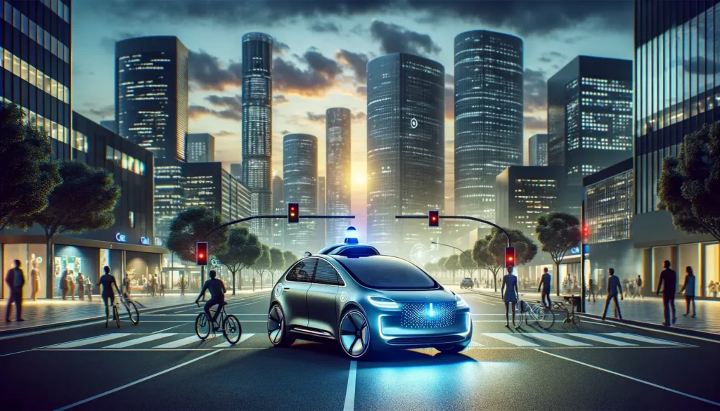 Autonomní automobil, tento vizuál zobrazuje moderní, bezřidičský automobil, jak se pohybuje futuristickou městskou krajinou, což symbolizuje podstatu technologie autonomního řízení a její potenciální dopad na městskou mobilitu.