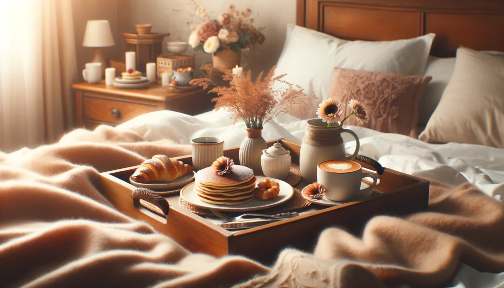 Obrázek zobrazuje útulnou ráno scénu s krásně připravenou snídaní do postele.