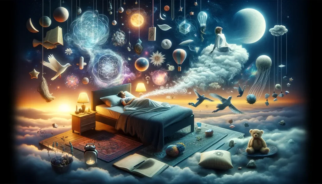 Obrázek, který vyjadřuje cestu do světa snů, s prvky lucidního snění a symboly ovládání snů.