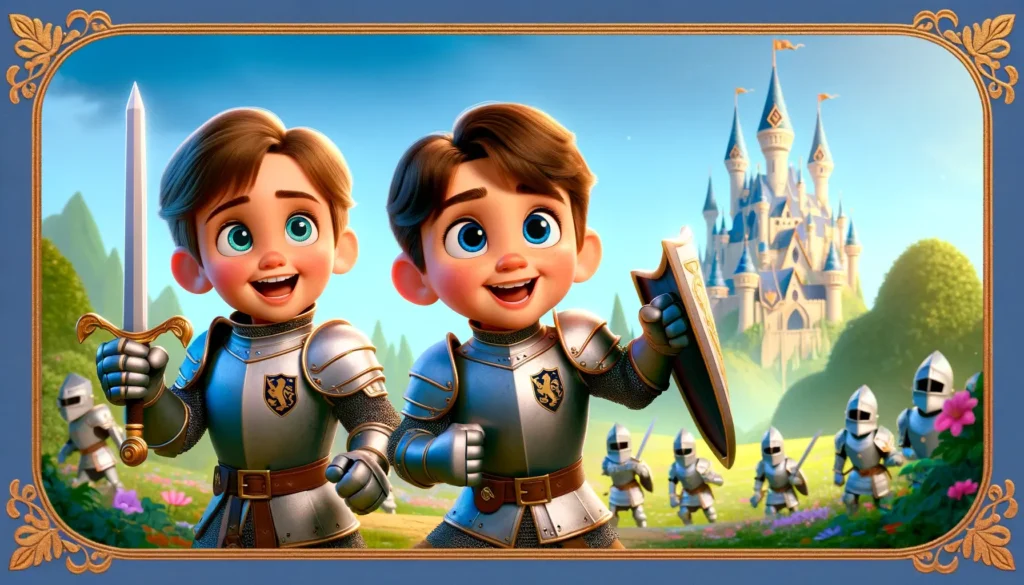 Animovaný obrázek dvou mladých rytířů držících meče a štíty, přičemž jeden z nich je odrážen v zrcadle. Stojí na živé krajině s hradem na pozadí a několika rytíři v brnění rozesetými po poli.