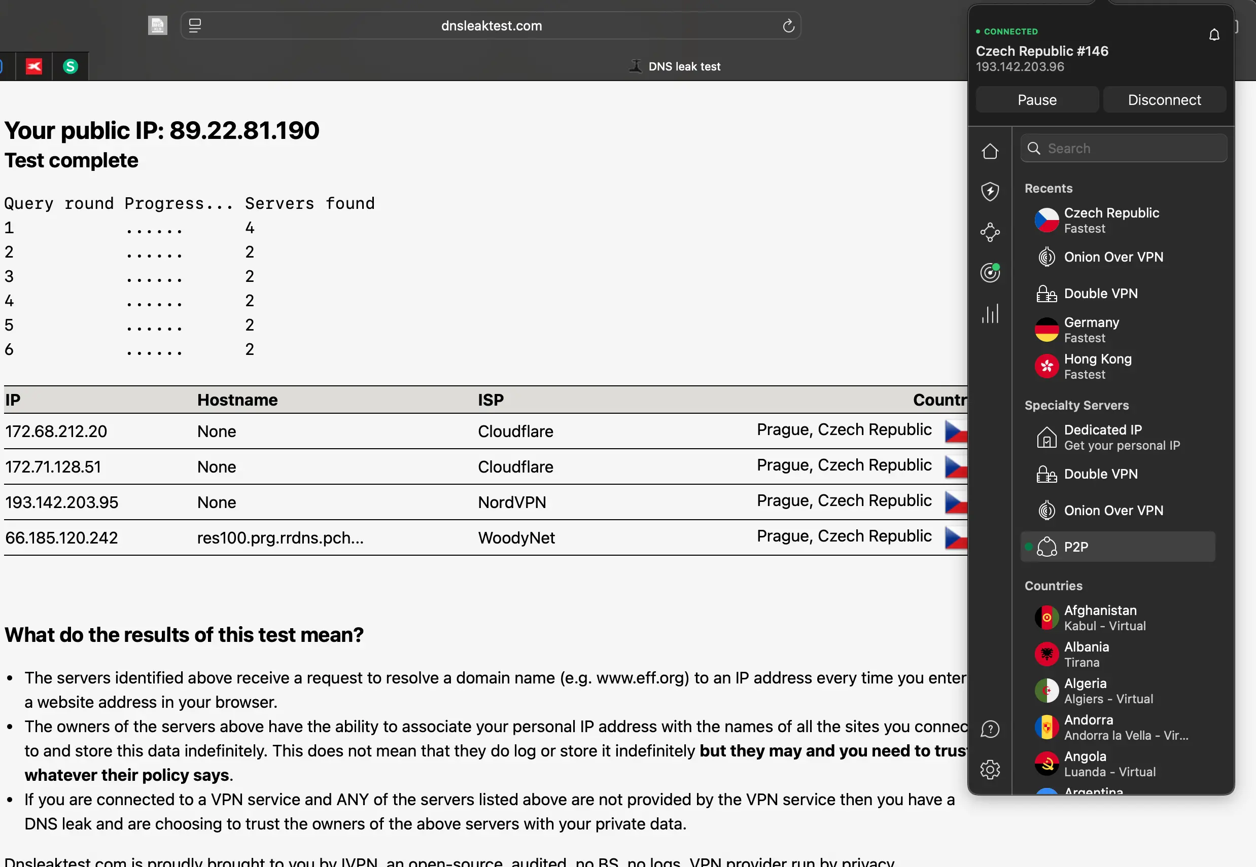 DNS leaks | Venclíkovi.cz Screenshot testu úniku DNS na webu dnsleaktest.com při aktivním připojení k NordVPN v České republice. Zobrazuje více DNS serverů v Praze včetně NordVPN, Cloudflare a WoodyNet.