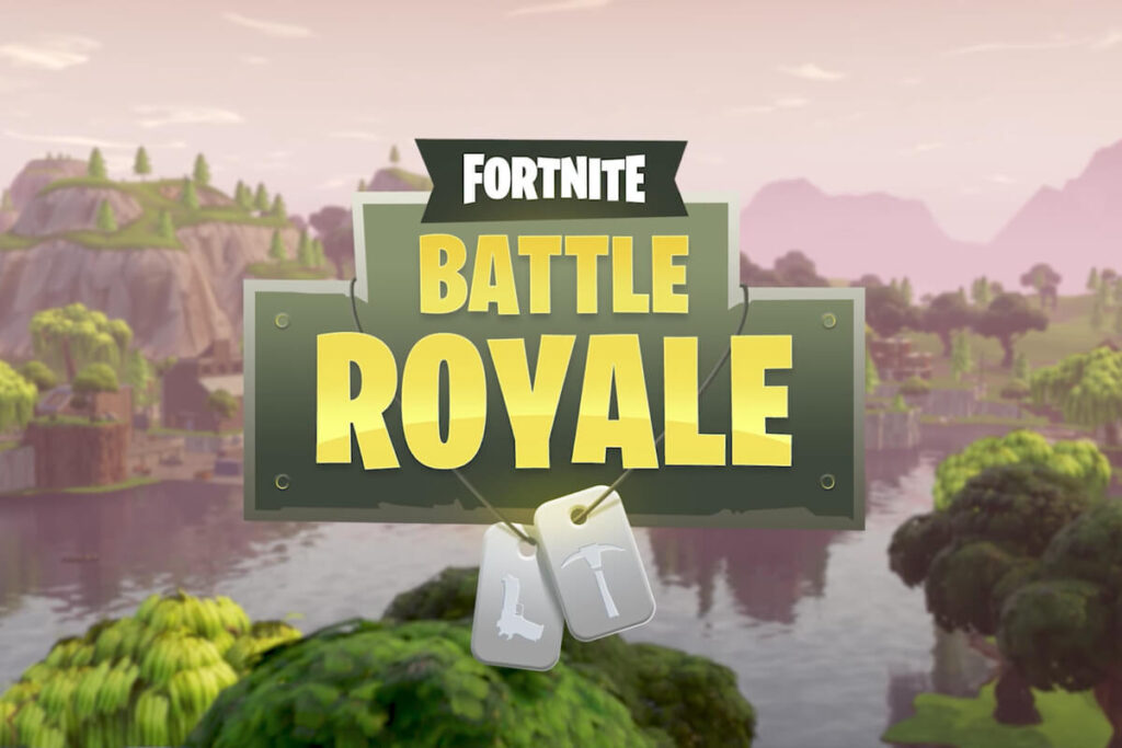 Logo Fortnite Battle Royale s vojenskými psími známkami, v pozadí idylická krajina ostrova hry.
