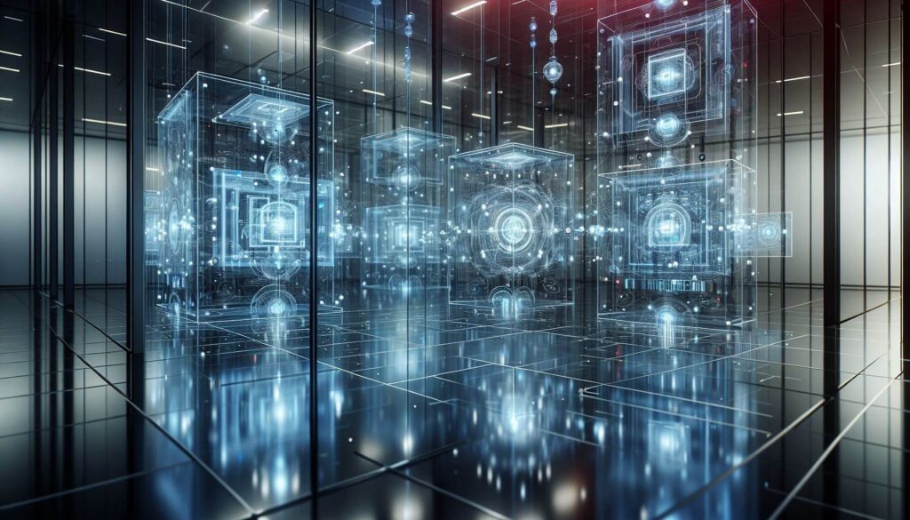 Futuristický koncept kvantového počítače v serverové místnosti. Transparentní krychlové jednotky s komplexními obvody a svítícími prvkami jsou umístěny ve vysoce technologickém prostředí s odrážející se podlahou. Prostor je osvětlen měkkým modrým světlem, které zdůrazňuje pocit moderního a pokročilého výpočetního centra.