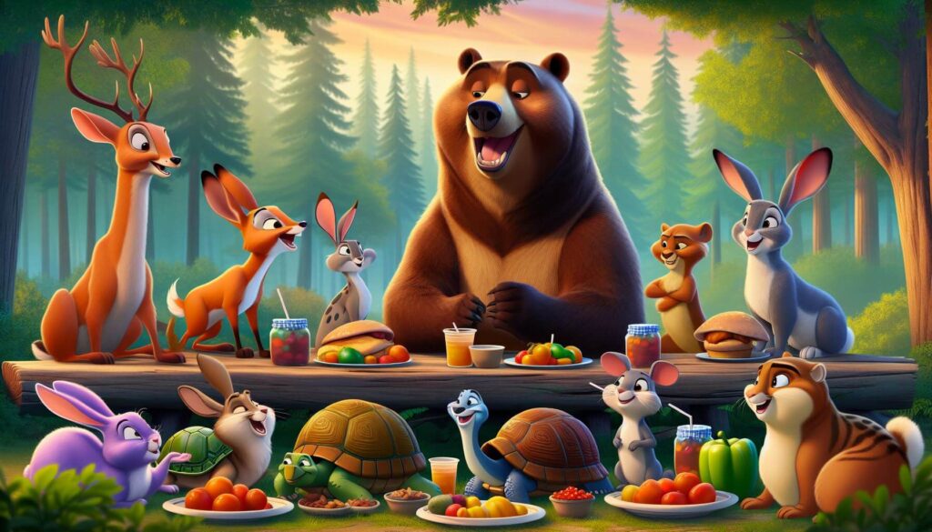 Šťastná skupina lesních zvířat užívající si hostinu po závodě, s usmívajícím se medvědem uprostřed, obklopeným spokojenými zvířecími přáteli.