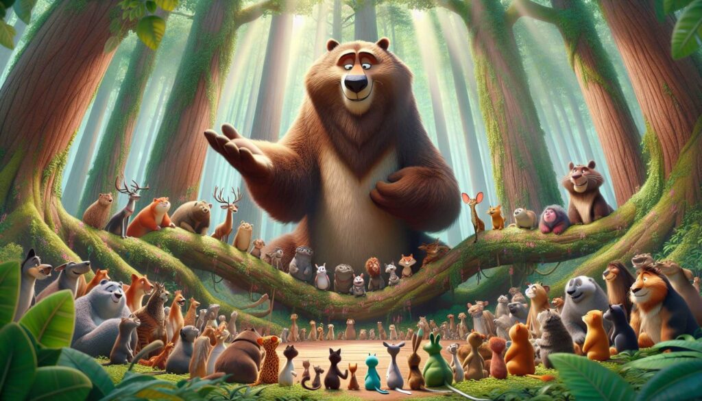 Rozmanitá skupina animovaných lesních zvířat shromážděná v kruhu v jasně osvětleném lese, poslouchající medvěda stojícího ve středu a vyprávějícího příběh, v pozadí sluneční paprsky prosvítající mezi stromy.