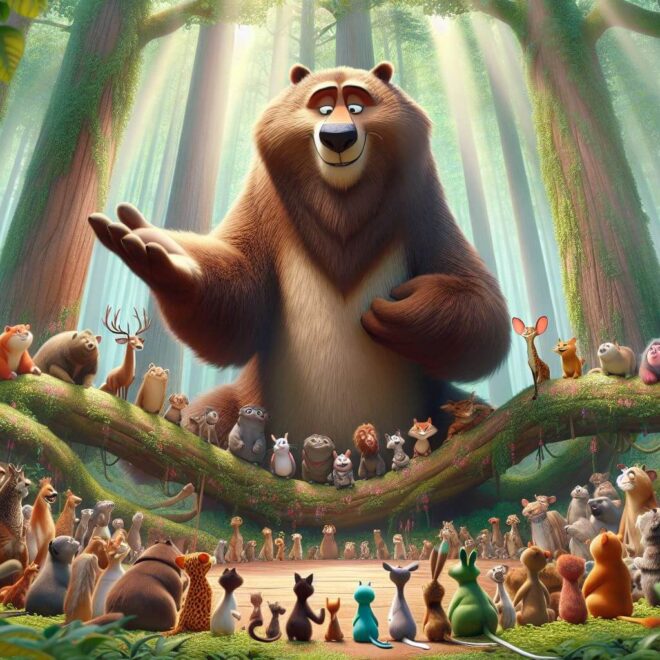 Rozmanitá skupina animovaných lesních zvířat shromážděná v kruhu v jasně osvětleném lese, poslouchající medvěda stojícího ve středu a vyprávějícího příběh, v pozadí sluneční paprsky prosvítající mezi stromy.