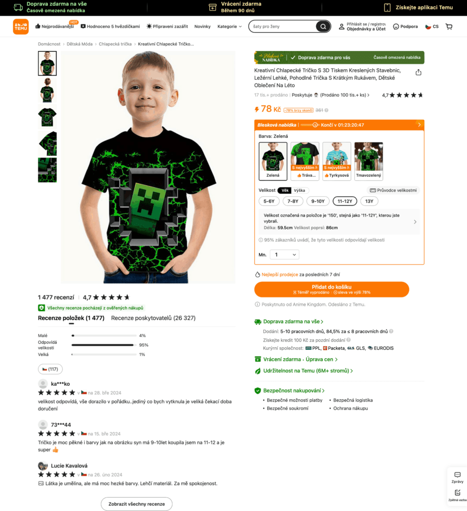 Webová stránka Temu zobrazující kreativní chlapecké tričko s 3D tiskem. Tričko je zelené s motivem Minecraftu, lze vidět různé velikosti pro děti od 5 do 13 let. Tričko je hodnoceno 4,7 hvězdiček z 5 na základě 1 477 recenzí. Náhledový obrázek ukazuje usmívajícího se chlapce, který tričko má na sobě. Podrobnosti o produktu uvádějí cenu 78 Kč s poznámkou 'Doprava zdarma pro vás' a 'Blesková nabídka - Končí 01:23:20:47'. Na stránce je také informace o dopravě, bezpečnosti nákupu a možnost přidání do košíku