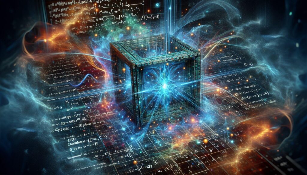 Abstraktní zobrazení kvantového počítače s mnoha vrstvami a energetickými svazky. Na popředí i v pozadí jsou vidět matematické rovnice a algoritmické vzorce. Světlo a energie vycházejí z centrálního bodu uvnitř krychlové struktury, která připomíná křemíkový čip, a tvoří efekt explodující energie a datových toků v digitálním vesmíru.