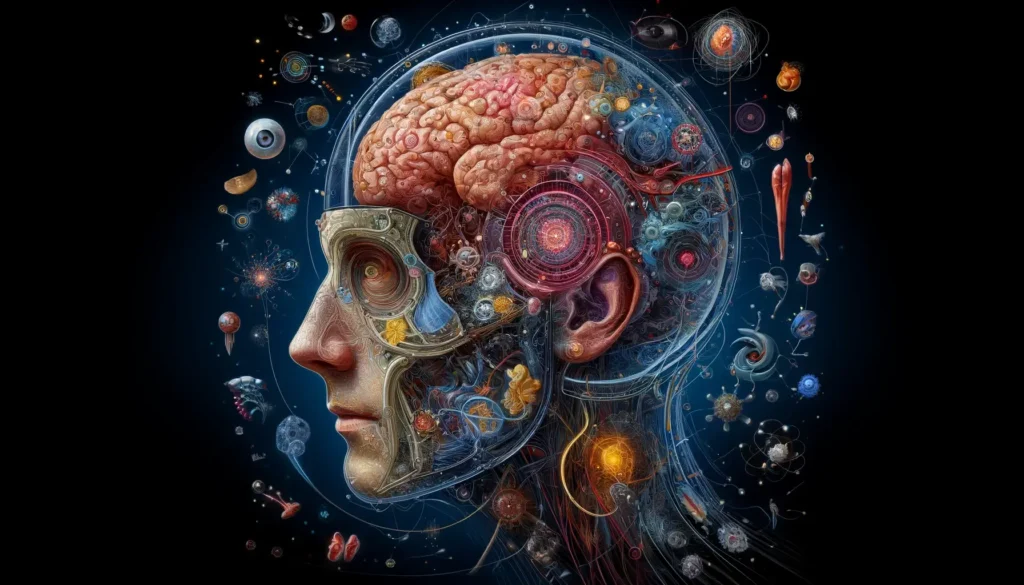 Obrázek zobrazuje fascinující průzkum lidské hlavy a zachycuje její podstatu jako složitou a nezbytnou část lidského těla, včetně mozku, smyslů a výrazů tváře.