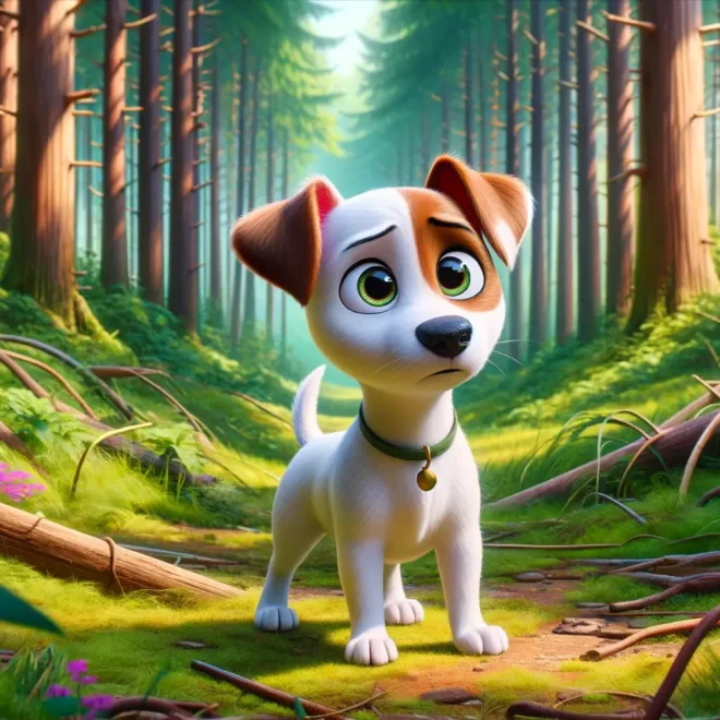 Animované štěně jménem Líza, Jack Russell teriér s bílou srstí a hnědými skvrnami, ztracené v hustém zeleném lese, vypadá zmateně a zvědavě mezi vysokými stromy a hustým podrostem.
