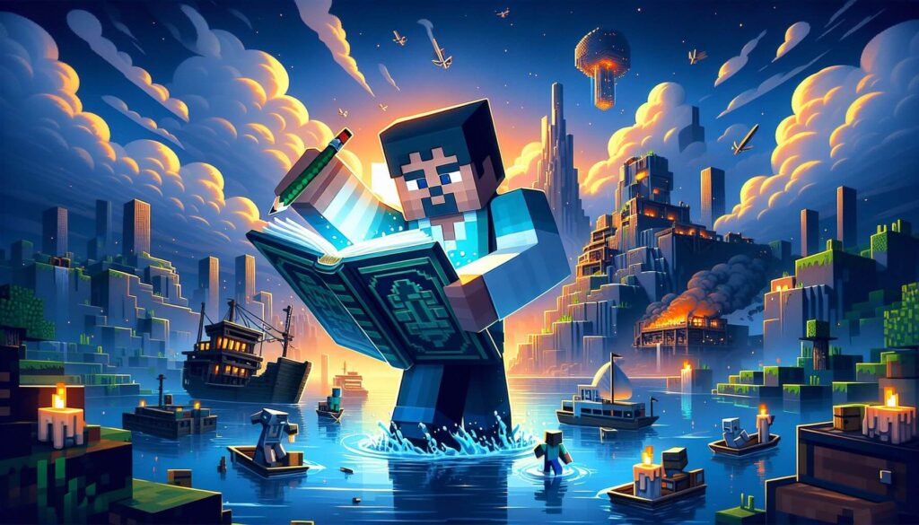 Postava z voxelové hry stojící v noci ve vodě a čtoucí z velké knihy, s pozadím moderního městského horizontu a létajícími loděmi v obloze.