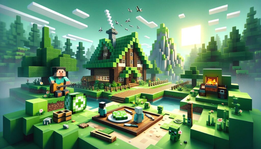 Voxelový svět v zelených odstínech s figurkou hrající na kytaru, velkým domem ve středu a menšími prasátky a krabicemi v popředí.