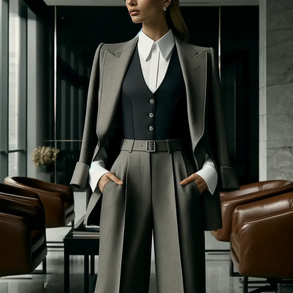 Na tomto obrázku můžete vidět trendy "corpcore" styl pro rok 2024, který reprezentuje moderní pracovní módu. Modelka má na sobě elegantní oblek s ostrými rameny a kalhoty s vysokým pasem a širokými nohavicemi. Celý outfit je doplněn stylovou vestou a minimalistickými doplňky, což dodává silný a praktický vzhled vhodný do kanceláře. Pozadí s moderním kancelářským nábytkem umocňuje profesionální atmosféru.