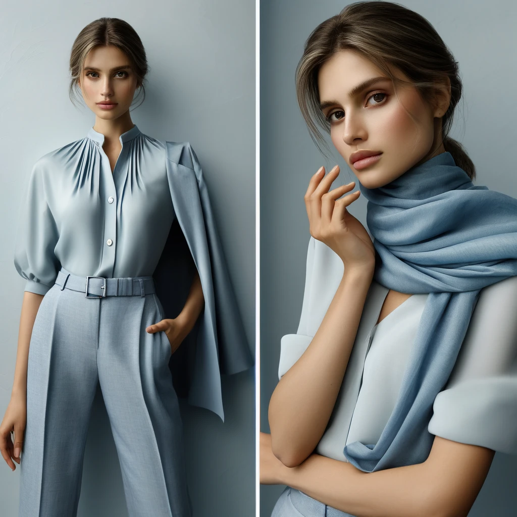 Zde je vizuální reprezentace módního trendu světle modrého monochromatického outfitu, inspirovaného Alberta Ferretti, který symbolizuje čistotu a svěžest. 