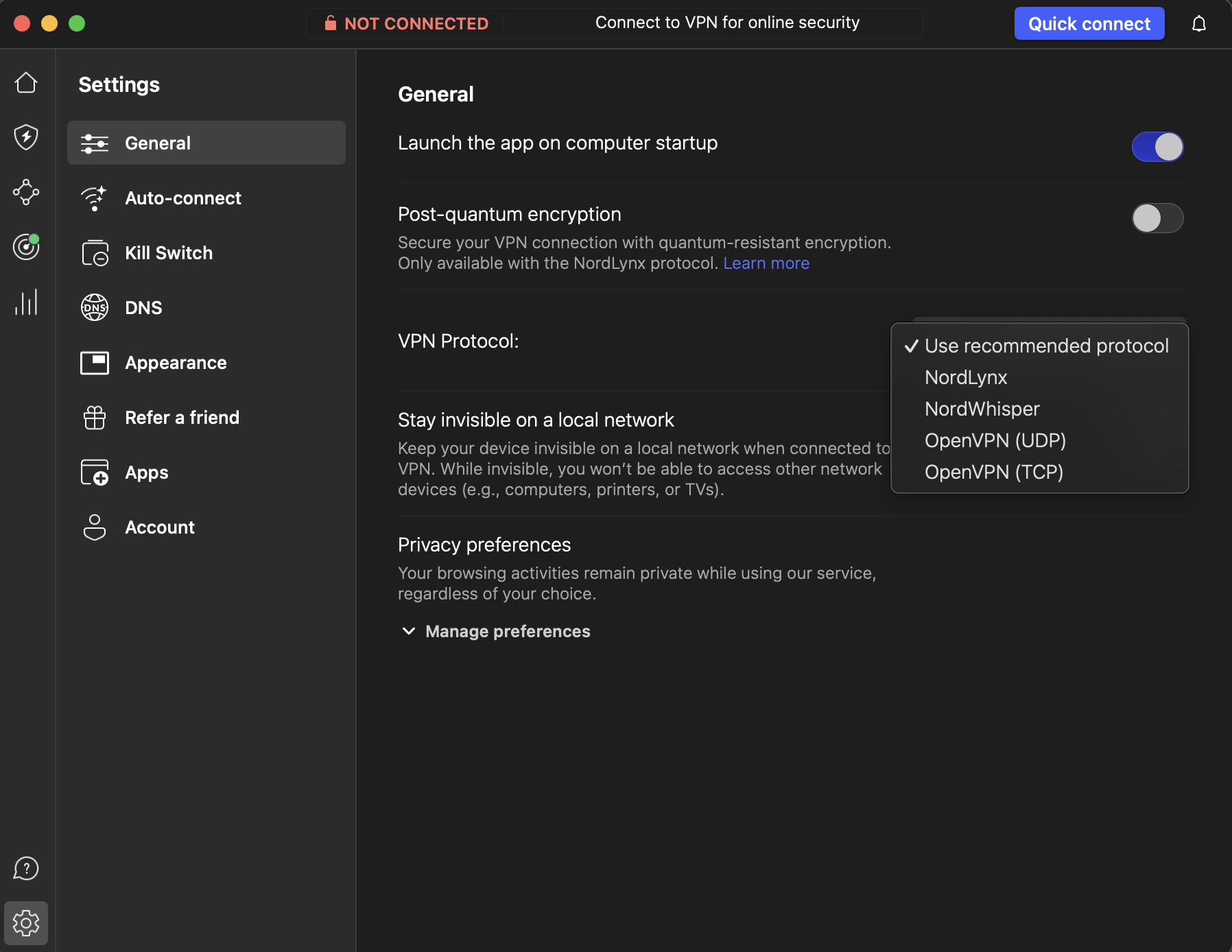 Možnost výběru 4 protokolů | Venclíkovi.cz Přehled protokolů NordVPN - screenshot aplikace na mém Macbook Pro