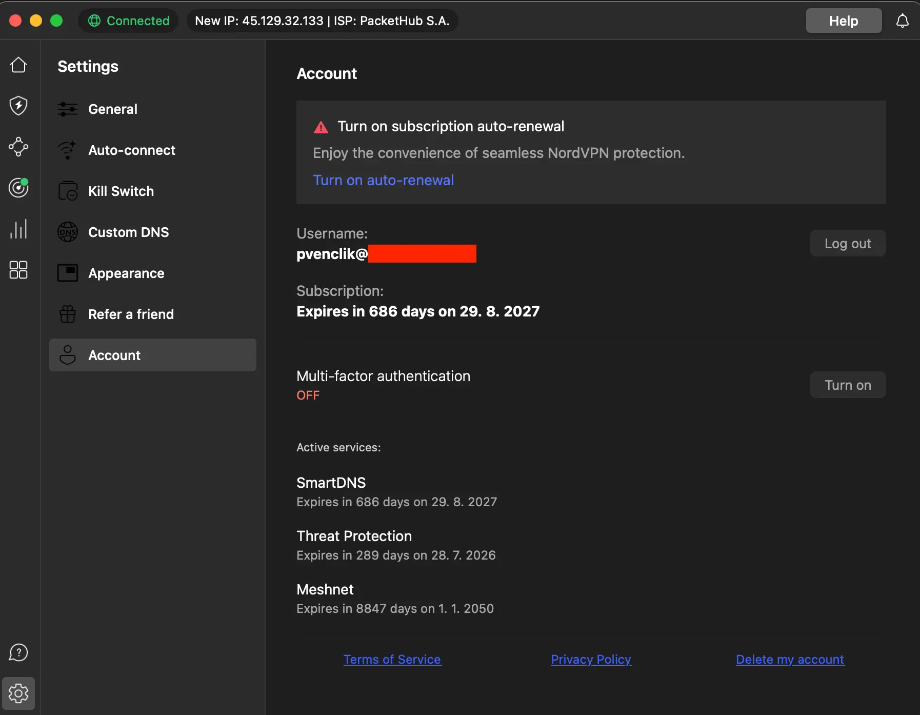 Můj účet u NordVPN - expirace nastavení atd | Venclíkovi.cz Nastavení účtu v aplikaci NordVPN. Přehled aktivních služeb, datum expirace předplatného a možnost zapnout automatické obnovení i dvoufázové ověření.