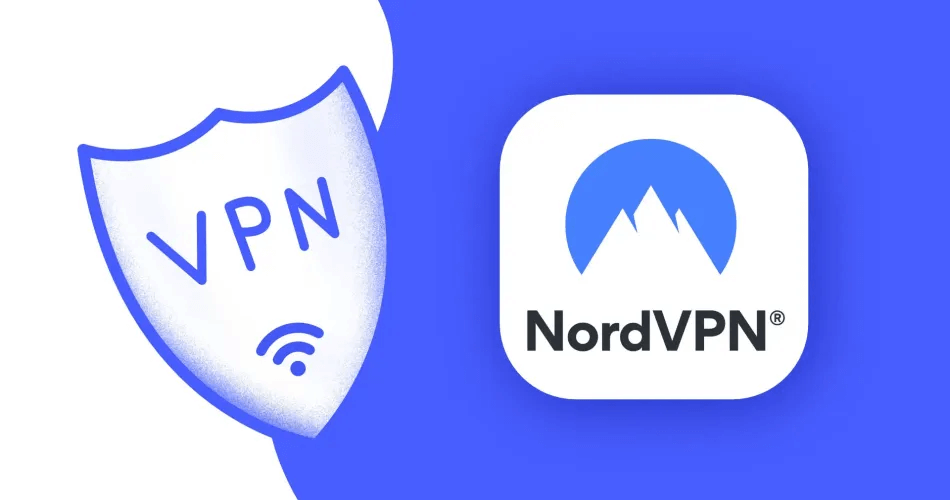 Logo NordVPN vedle štítu s nápisem "VPN" a symboly Wi-Fi, znázorňující online bezpečnost a anonymitu poskytovanou VPN službou.