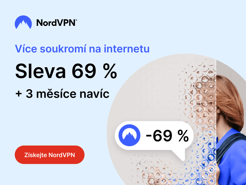 banner NordVPN s nabídkou "Více soukromí na internetu - Sleva 69 % + 3 měsíce navíc", s logem NordVPN a tlačítkem "Získejte NordVPN