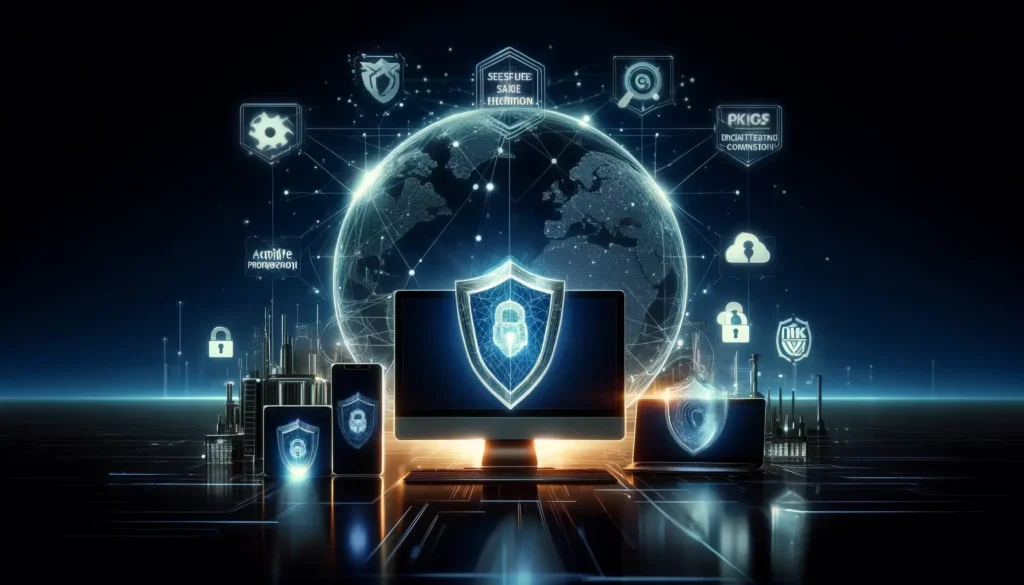 Digitální kompozice znázorňující kybernetickou bezpečnost poskytovanou NordVPN. Obrázek ukazuje digitální krajinu s podsvícenými linkami symbolizujícími šifrované spojení a zařízení s ochrannými štíty.