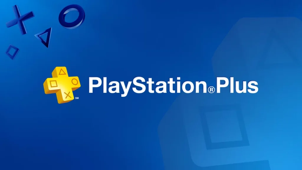 Logo služby PlayStation Plus s ikonickým žlutým křížem na pozadí v odstínech modré barvy, obklopené plovoucími symboly PlayStation: trojúhelníkem, kruhem, křížkem a čtvercem ve stylizované 3D grafice.