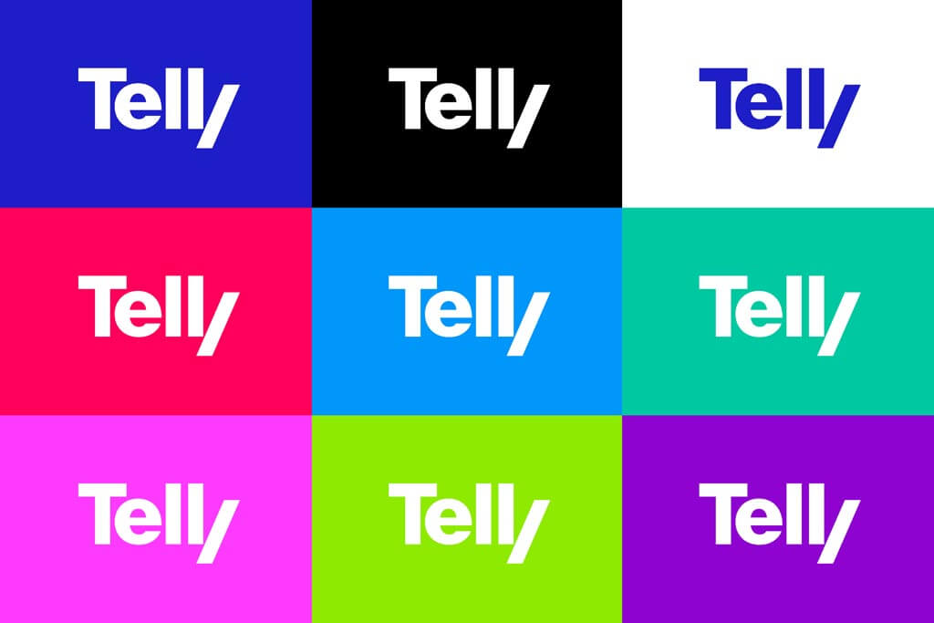 Logotyp 'Telly' v různých barevných provedeních na devíti čtvercových panelech s modrým, zeleným, fialovým, růžovým a černým pozadím, symbolizující různorodost služeb poskytovatele televize, internetu a volání.