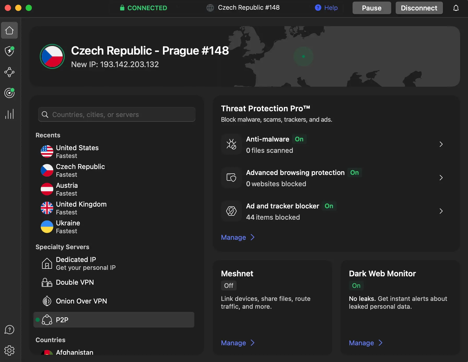 Threat Protection Pro NordVPN - zapnutá funkce blokující malware reklamy phishing a veškeré reaklamní trackery | Venclíkovi.cz Aplikace NordVPN připojená k serveru v Praze, zobrazuje aktivní funkce Threat Protection Pro jako blokování malwaru, reklam, sledovacích prvků a pokročilou ochranu prohlížení, s výpisem posledních a speciálních serverů v postranním panelu.