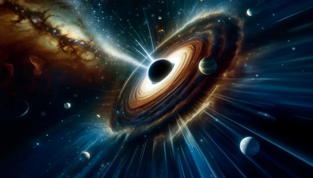 Dramatické zobrazení vesmíru s černou dírou pohlcující světlo a hmotu, obklopenou galaxií plnou hvězd, a umělecká interpretace exoplanet v obyvatelné zóně, naznačující možnost mimozemského života.