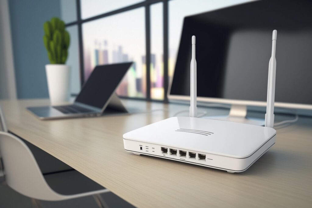 Bílý WiFi router na dřevěném stole s notebookem a tabletom v pozadí u okna s výhledem na město.