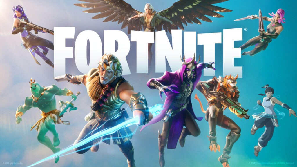 Skupina pestrobarevných postav z videohry Fortnite v akci, představující rozmanité kostýmy a vybavení, na modrém pozadí s velkým bílým logem Fortnite uprostřed.