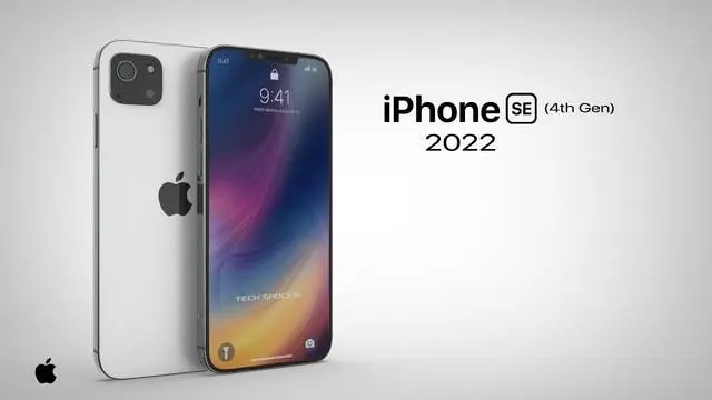 Promoční obrázek iPhone SE (4. generace) z roku 2022, zobrazený v minimalistickém designu s čistým bílým pozadím. Telefon je prezentován z přední a zadní strany, ukazující jeho klasický design a moderní displej s barevnými gradienty. Na displeji je vidět čas 9:41, typický pro prezentace produktů Apple.