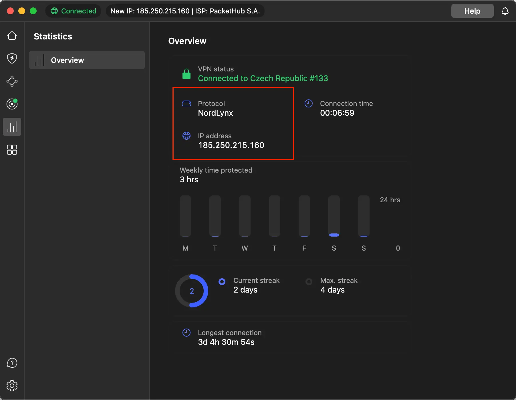 nordvpn statistiky připojení česká republika přes protokol NordLynx | Venclíkovi.cz Zobrazení statistik v aplikaci NordVPN. Připojení k serveru v Česku přes protokol NordLynx, přehled času chráněného připojení a délky relací.