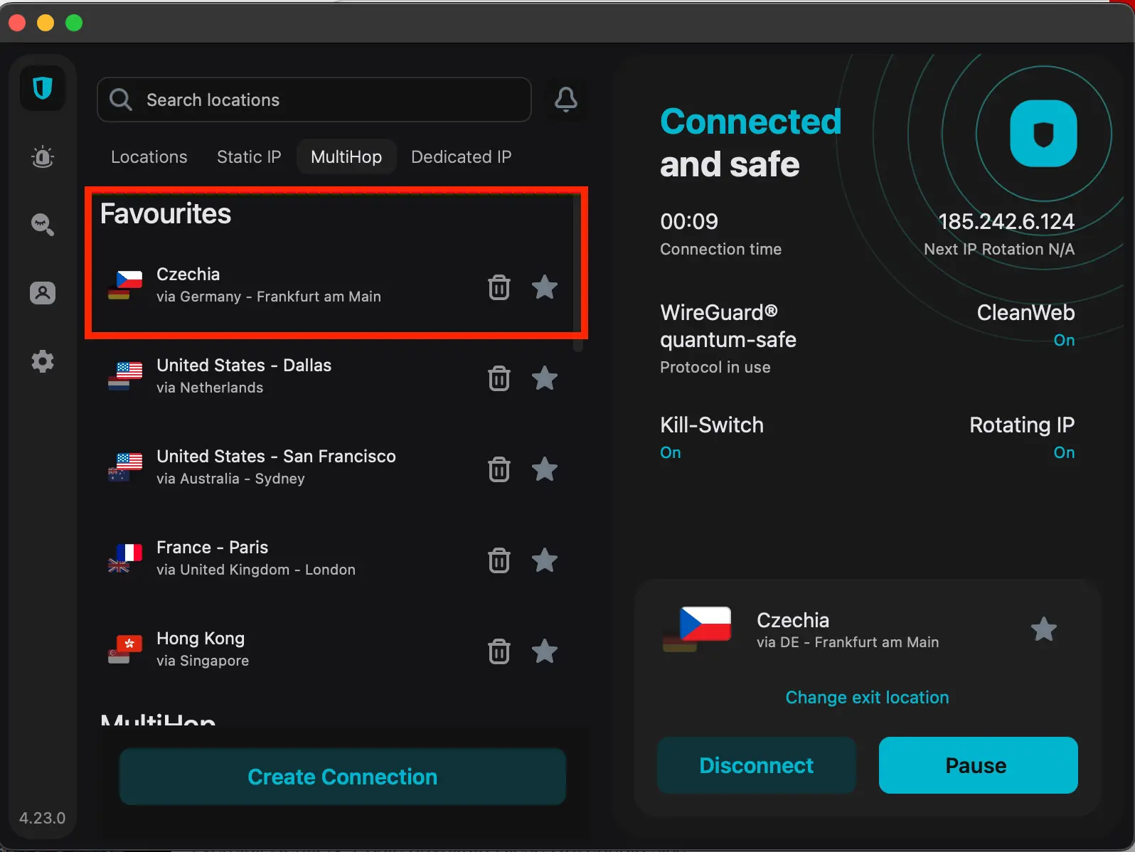 Camouflage Mode Surfshark - MultiHop nastavení | Venclíkovi.cz Zobrazení režimu MultiHop v aplikaci Surfshark VPN. Připojení přes Německo a výstupní server v Česku, aktivní funkce CleanWeb, Kill Switch a Rotating IP.
