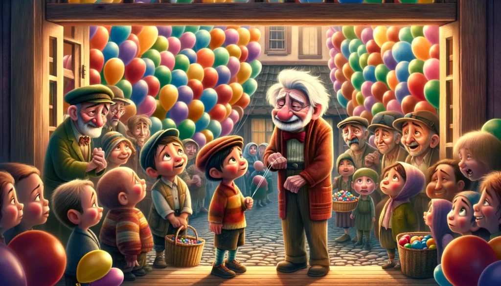 obrázek pro další kapitolu pohádky, kde dědeček Josef a dospělí obyvatelé vesnice rozdávají balónky, aby rozveselili nemocné a osamělé. Scéna je vytvořena ve stylu Disney Pixar a zachycuje emocionální moment v dějové linii.