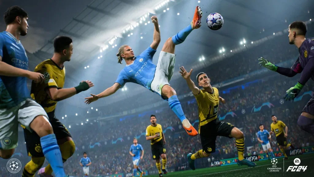 Akční scéna z hry FIFA 2024 s fotbalistou Manchester City provádějícím nůžkový kop proti týmu Dortmund v Lize mistrů UEFA.