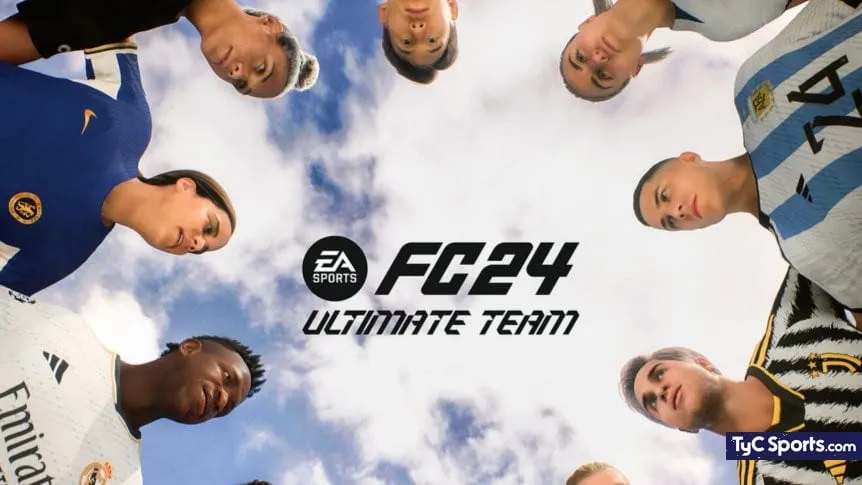 Skupina fotbalistů z různých klubů hledí dolů na kameru na obloze, propagujíci FIFA 2024 Ultimate Team od EA Sports.