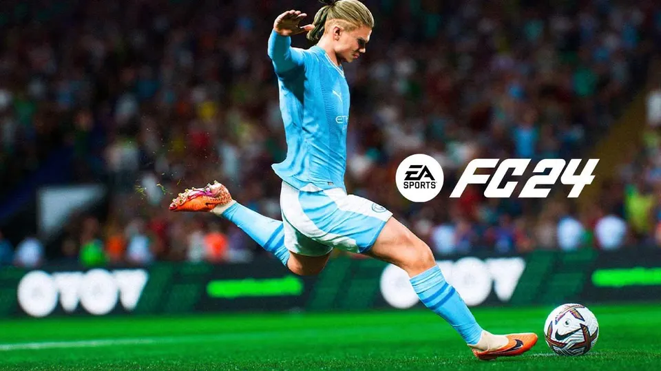 Fotbalistka v modrém dresu Manchester City kopá míč na stadionu v rámci hry FIFA 2024 od EA Sports.