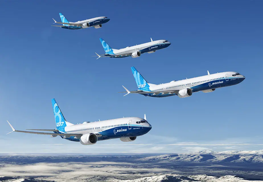 Flotila letadel Boeing 737 MAX v letu nad zasněženou krajinou.