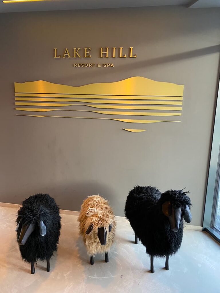 Logo Lake Hill Resort & Spa na stěně s dekorativními sochami oveček, které dodávají prostoru příjemnou a hravou atmosféru.