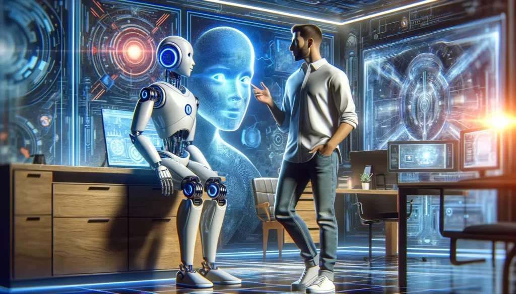 Muž v neformálním oblečení komunikuje s humanoidním robotem v moderním kancelářském prostředí, obklopeni futuristickými technologickými prvky, což symbolizuje společné rozplétání mýtů o umělé inteligenci.