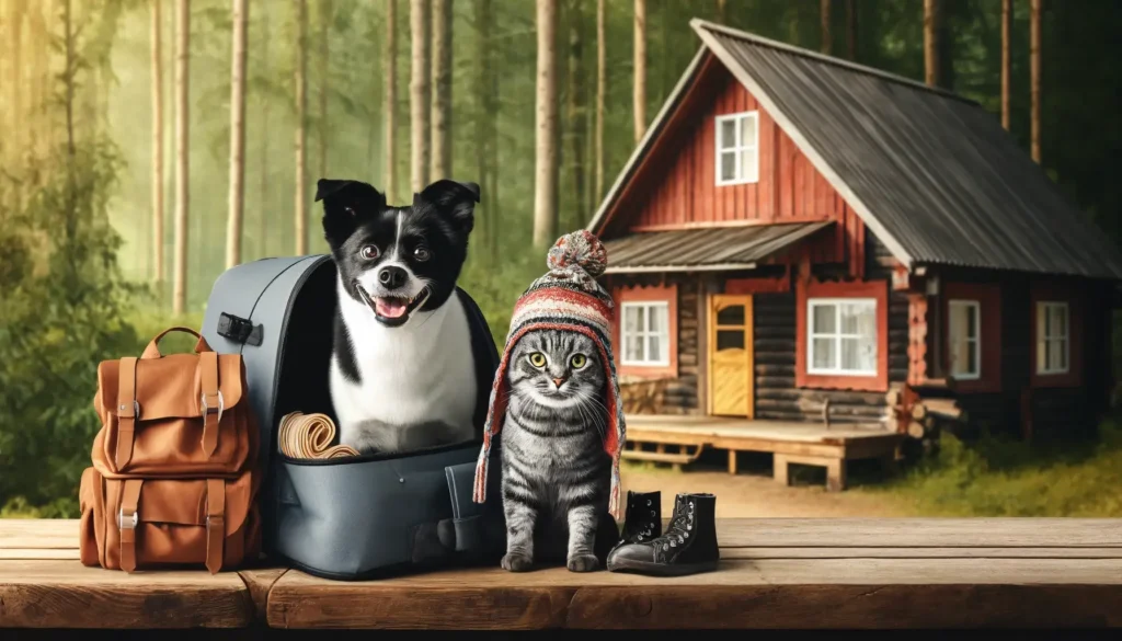 Pejsek Maxík a kočička Mína stojí před svým malým domečkem na kraji lesa. Maxík je černobílý pejsek s veselým výrazem a vrtícím ocáskem. Mína, moudrá kočička s jemným šedým kožíškem, má na hlavě barevnou pletenou čepici. Oba mají sbalené malé batůžky a vypadají nadšeně a připraveně na dobrodružství. V pozadí je vidět les a jejich útulný dřevěný domeček.