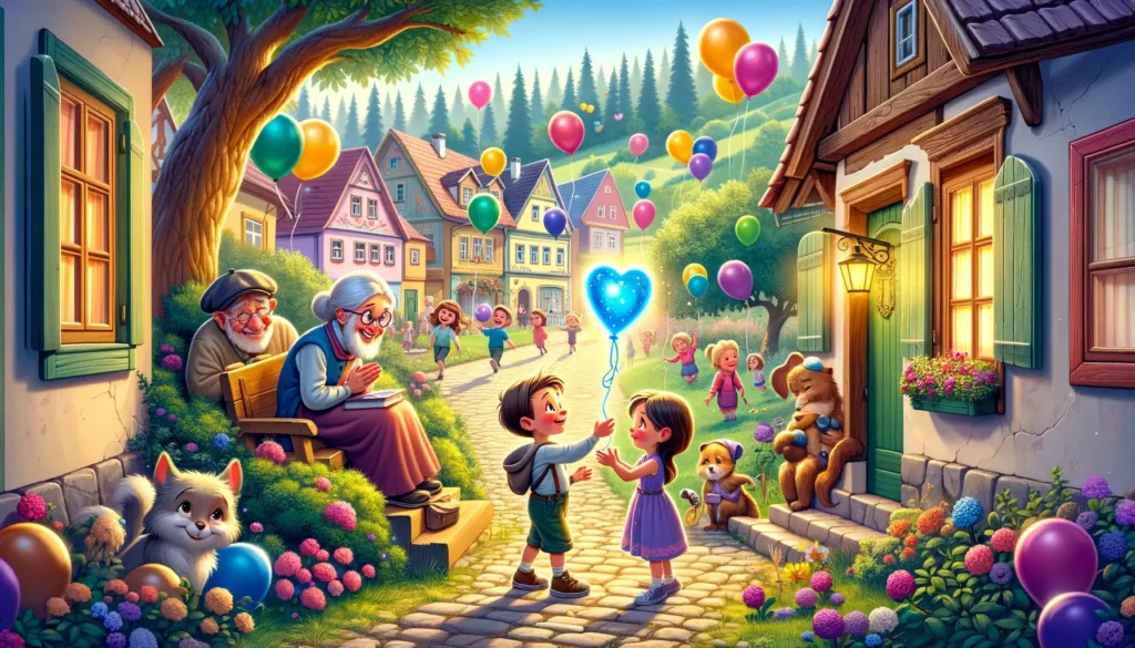 obrázek pro druhou kapitolu ve stylu Disney Pixar, vytvořený podle vašich specifikací. Scéna ukazuje Pepíka, jak předává modrý balónek starému páru u jejich domu, a Aničku, která dává fialový balónek své kamarádce v parku, s dědečkem Josefem, který to vše s hrdostí pozoruje.