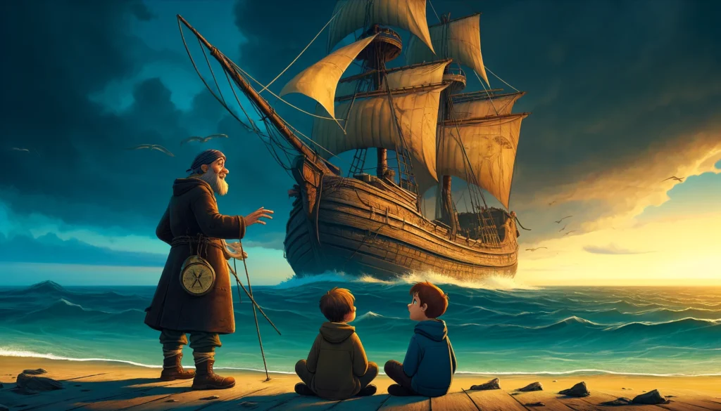 Vilda a Marek naslouchají příběhům starého rybáře na palubě lodi Černá Perla, v pozadí se blíží bouře.