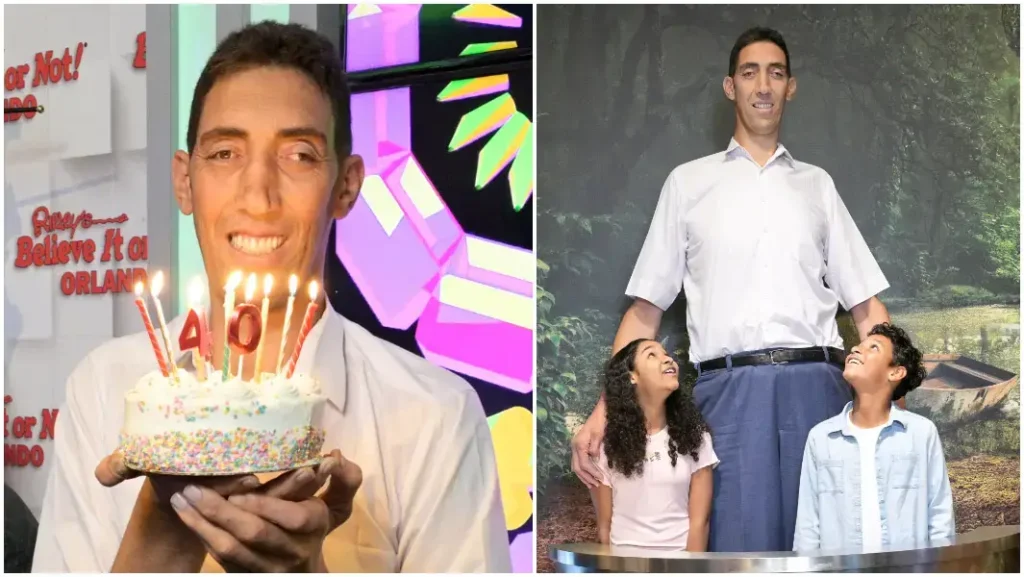 Dvě fotografie Sultana Kösen: na levé drží dort s nápisem 40 na oslavě svých narozenin, na pravé stojí s dvěma dětmi, které se na něj dívají s obdivem.