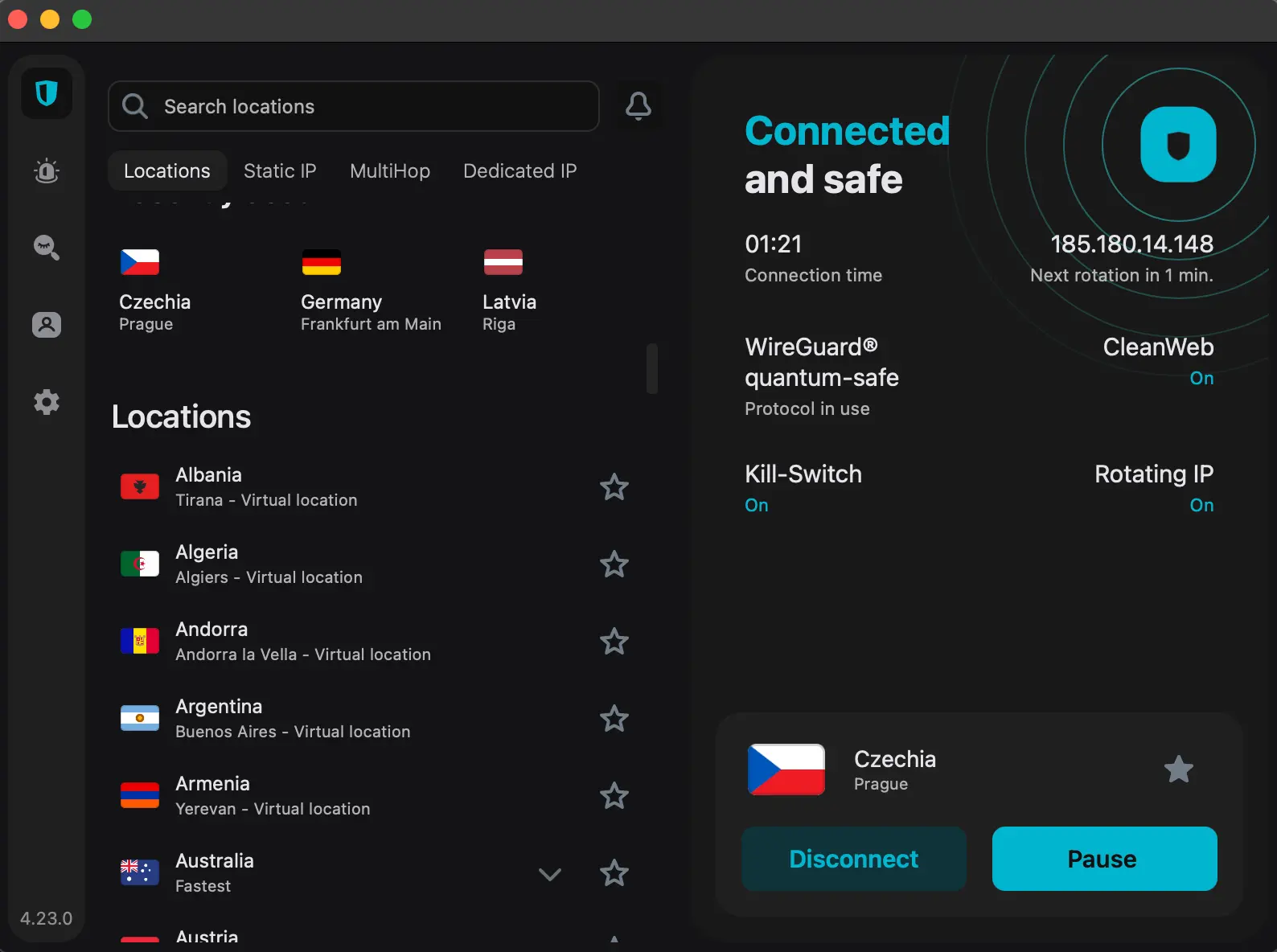SurfShark VPN - aplikace spuštěna na mém Macbook Pro | Venclíkovi.cz Rozhraní aplikace Surfshark VPN spuštěné na MacBooku Pro. Připojení přes server v Praze, protokol WireGuard, zapnutý Kill Switch, CleanWeb a Rotating IP.