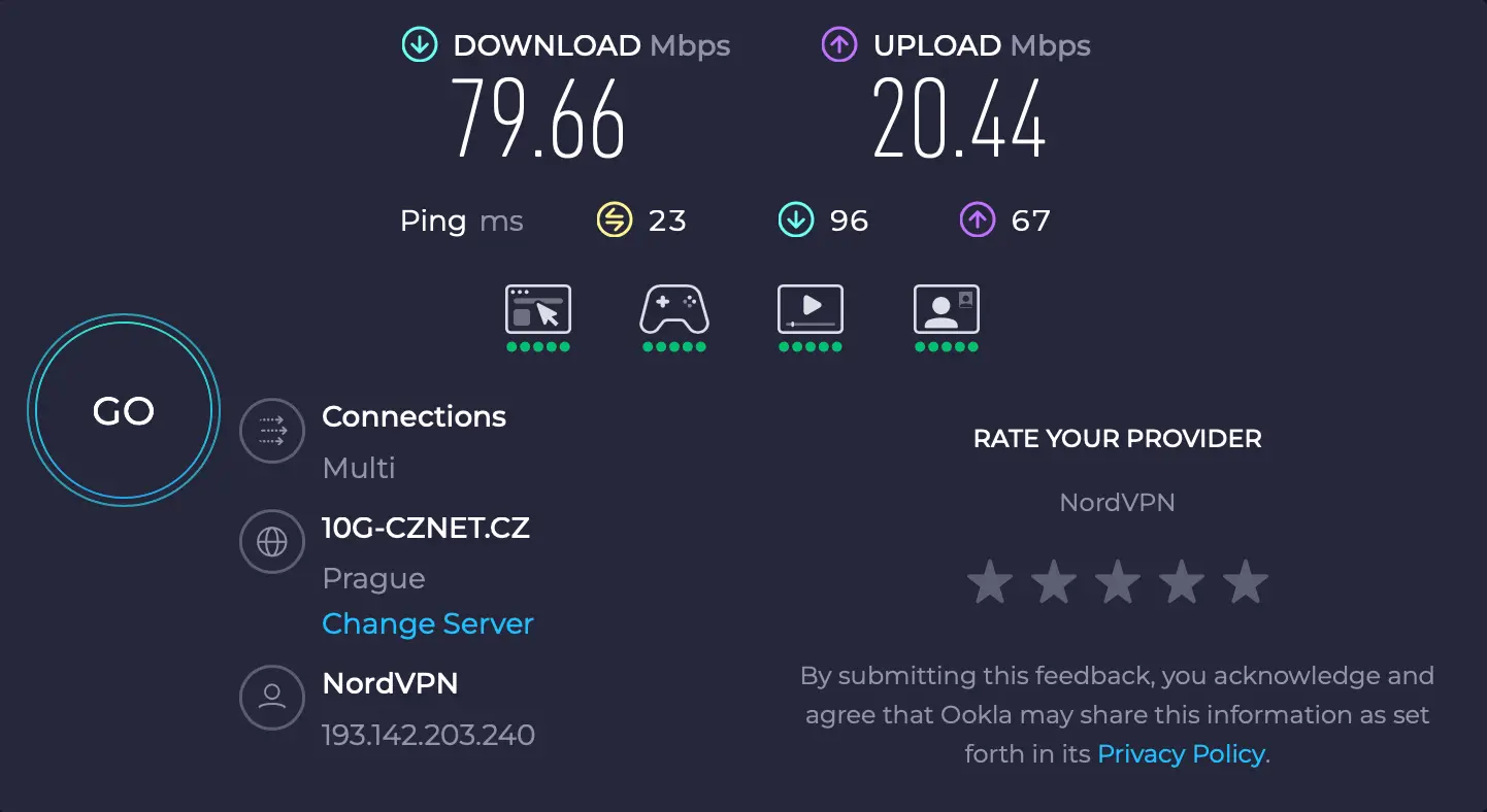Test rychlosti s aktivní NordVPN – připojeno na server v Praze, rychlost kolem 80 Mbps, ping 23 ms, protokol WireGuard.