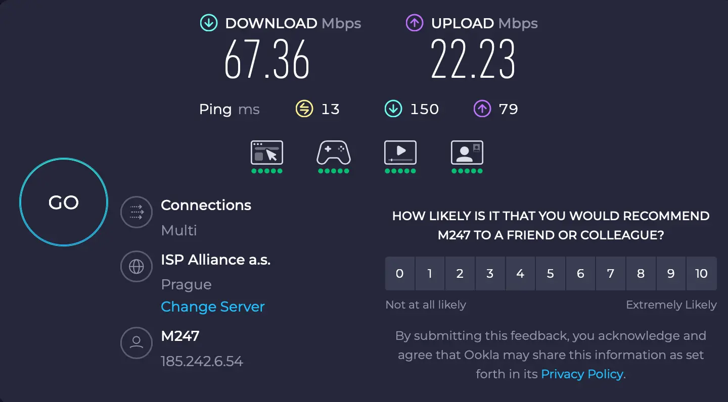Surfshark VPN zapnutá na českém serveru – download přes 67 Mbps, upload 22 Mbps, solidní ping 13 ms.
