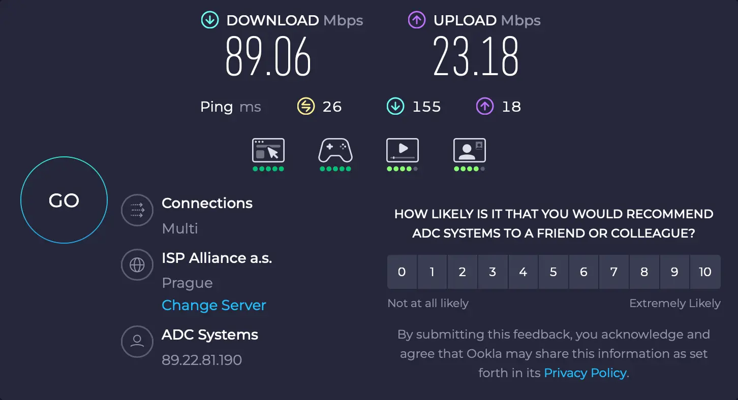 Měření rychlosti internetu bez zapnuté VPN. Download skoro 90 Mbps, upload 23 Mbps, připojení přes ISP Alliance v Praze.